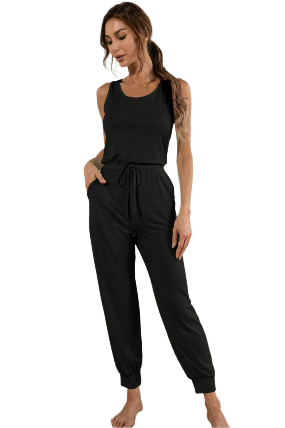 Drawstring Waist Round Neck Jogger Jumpsuit – stylish women's fashion from Chic Yana's Fashion