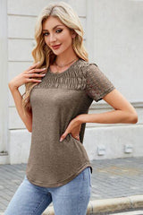 Smocked Round Neck Short Sleeve T Shirt 2 - Chic Yana's Fashion