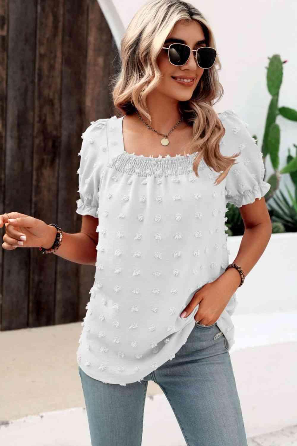 Mandy Swiss Dot Puff Sleeve Square Neck Blouse - Chic Yana's Fashion