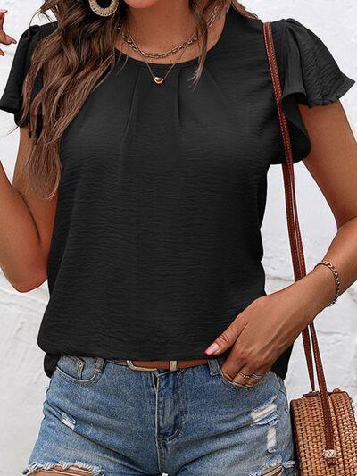 Ruffled Round Neck Cap Sleeve Blouse - Chic Yana's Fashion