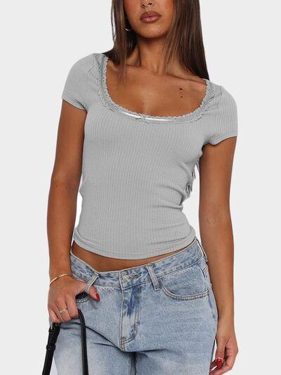 Lace Detail Scoop Neck Short Sleeve T Shirt - Chic Yana's Fashion