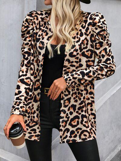 Leopard Open Front Puff Sleeve Jacket - Chic Yana's Fashion