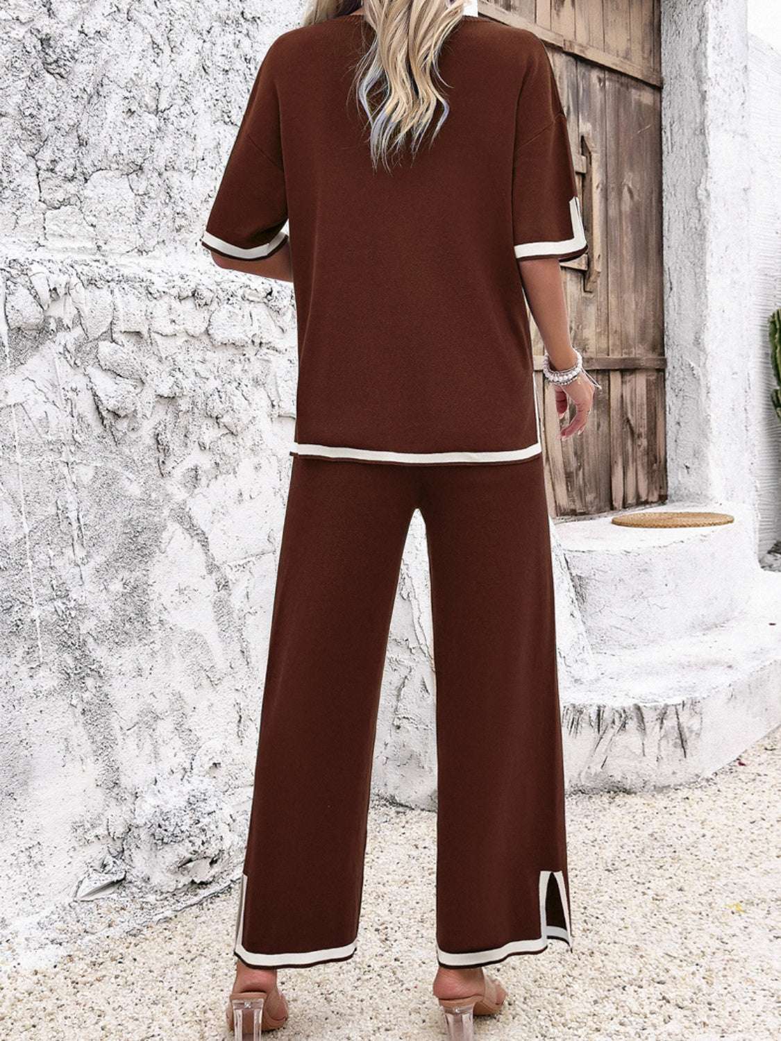 Devine Contrast Trim Round Neck Top and Pants Set – Chic Yana’s Fashion