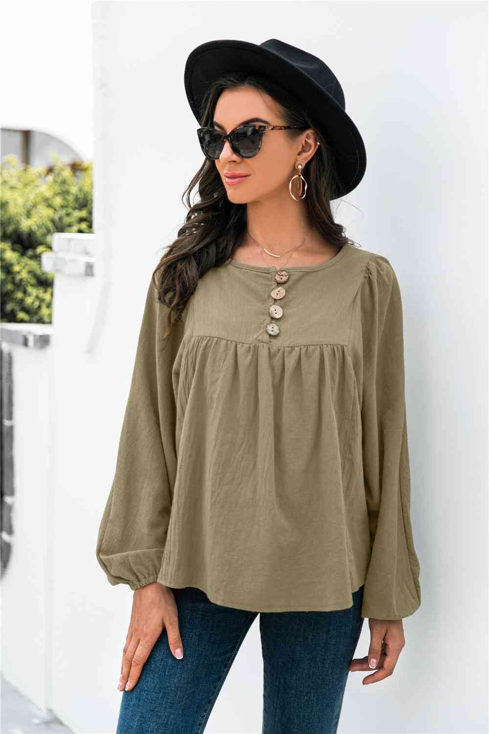 Button Up Balloon Sleeve Blouse - Chic Yana's Fashion