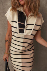 Striped Quarter Zip Cap Sleeve Sweater Dress - Chic Yana's Fashion