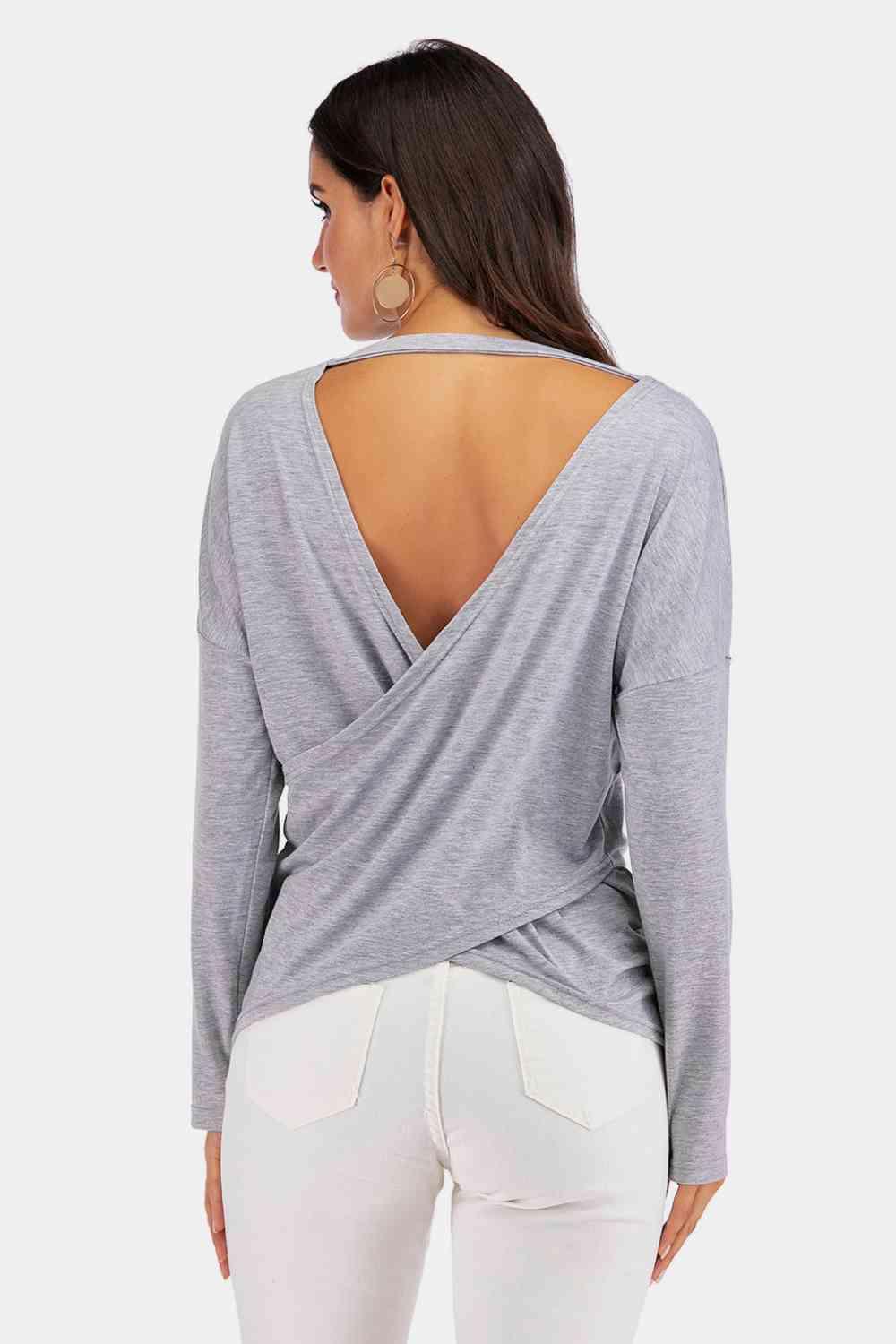 Perfee V Neck Drop Shoulder Open Back Sweatshirt - Chic Yana's Fashion