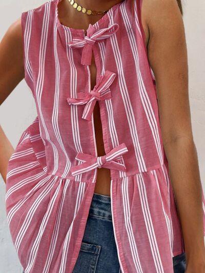 Tied Striped Round Neck Tank - Chic Yana's Fashion