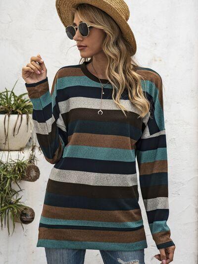 Full Size Striped Round Neck Long Sleeve T Shirt Plus Size - Chic Yana's Fashion