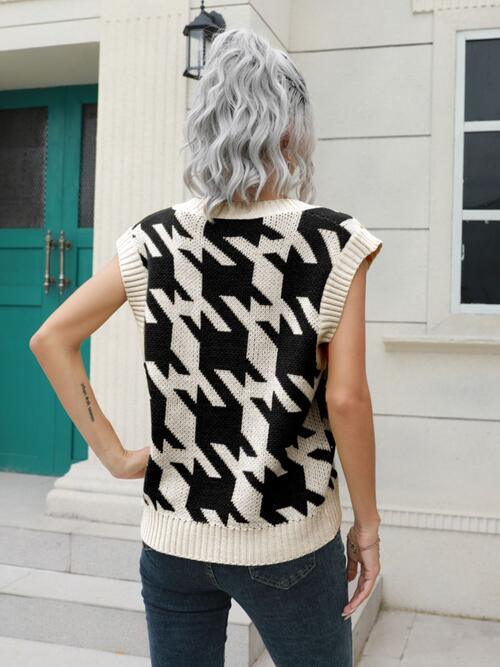 Houndstooth V Neck Sweater Vest - Chic Yana's Fashion