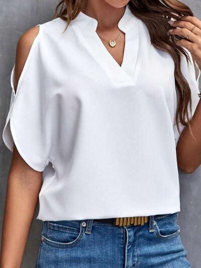 Notched Cold Shoulder Half Sleeve Blouse - Chic Yana's Fashion