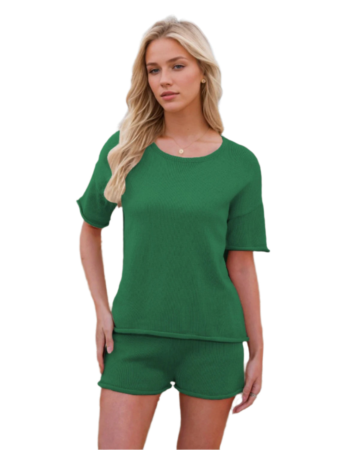 Round Neck Short Sleeve Top and Shorts Sweater Set - Shop Now at Chic Yana's Fashion