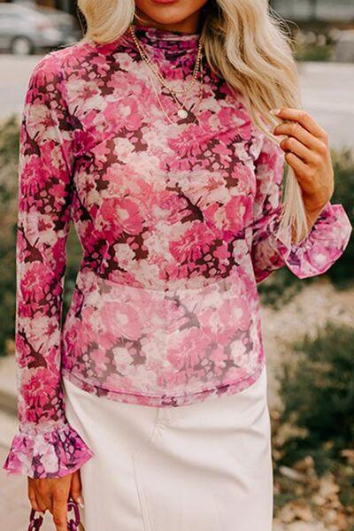 Floral Turtleneck Flounce Sleeve Blouse - Chic Yana's Fashion