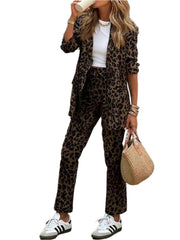 Full Size Leopard Lapel Collar Long Sleeve Blazer and Pants Set - Shop Now at Chic Yana's Fashion