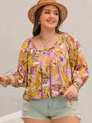 Plus Size Printed Tie Neck Blouse - Chic Yana's Fashion