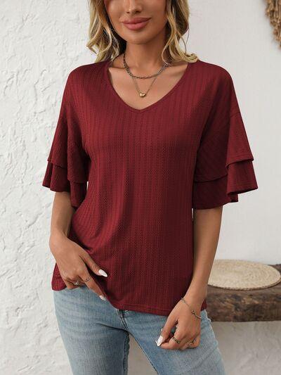 Mandy V Neck Ruffle Half Sleeve Top - Chic Yana's Fashion