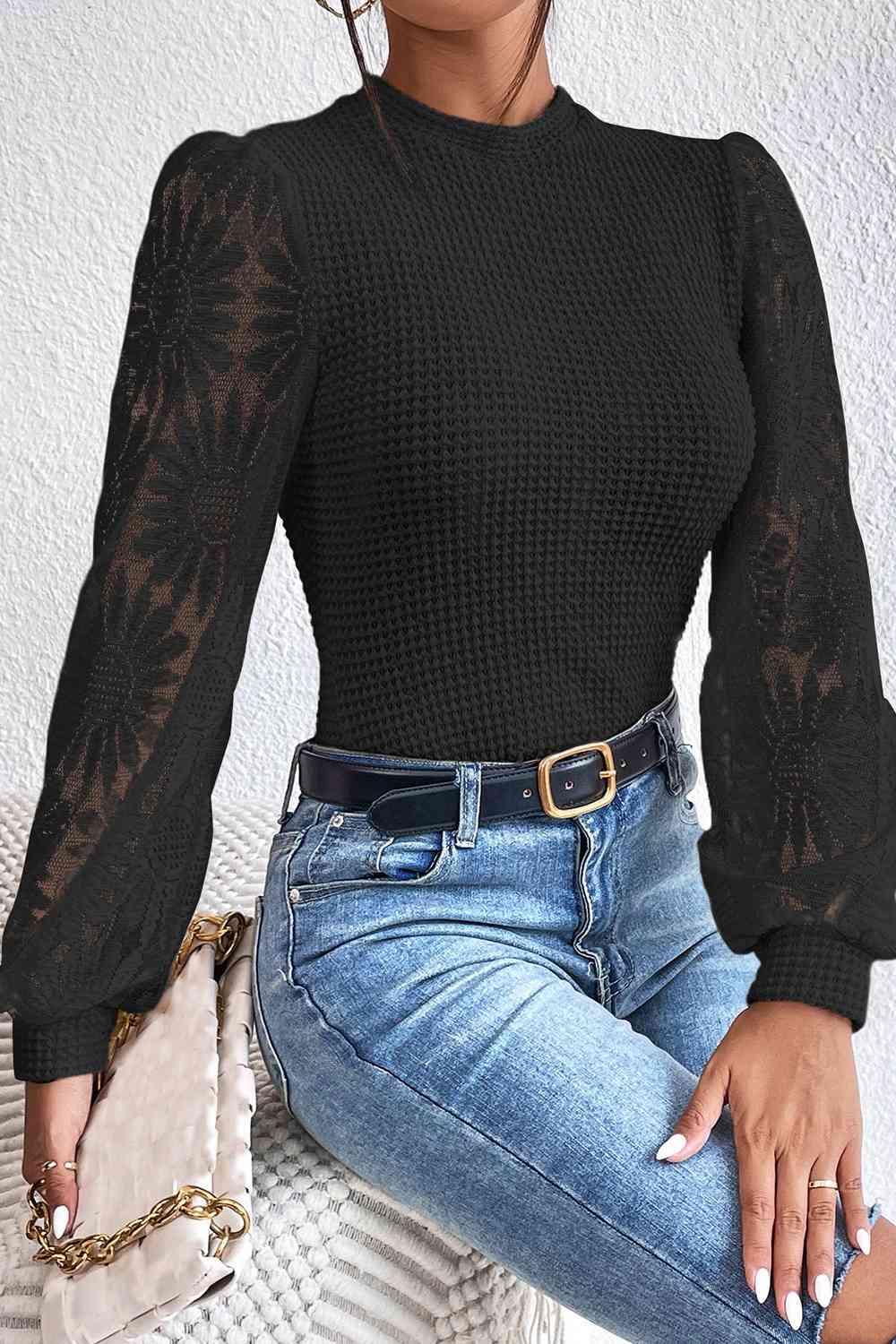 Floral Lace Detail Lantern Sleeve Blouse - Chic Yana's Fashion