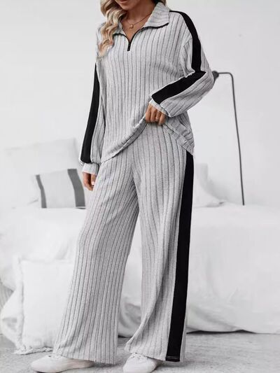 Plus Size Half Zip Long Sleeve Top And Pants Set - Chic Yana's Fashion