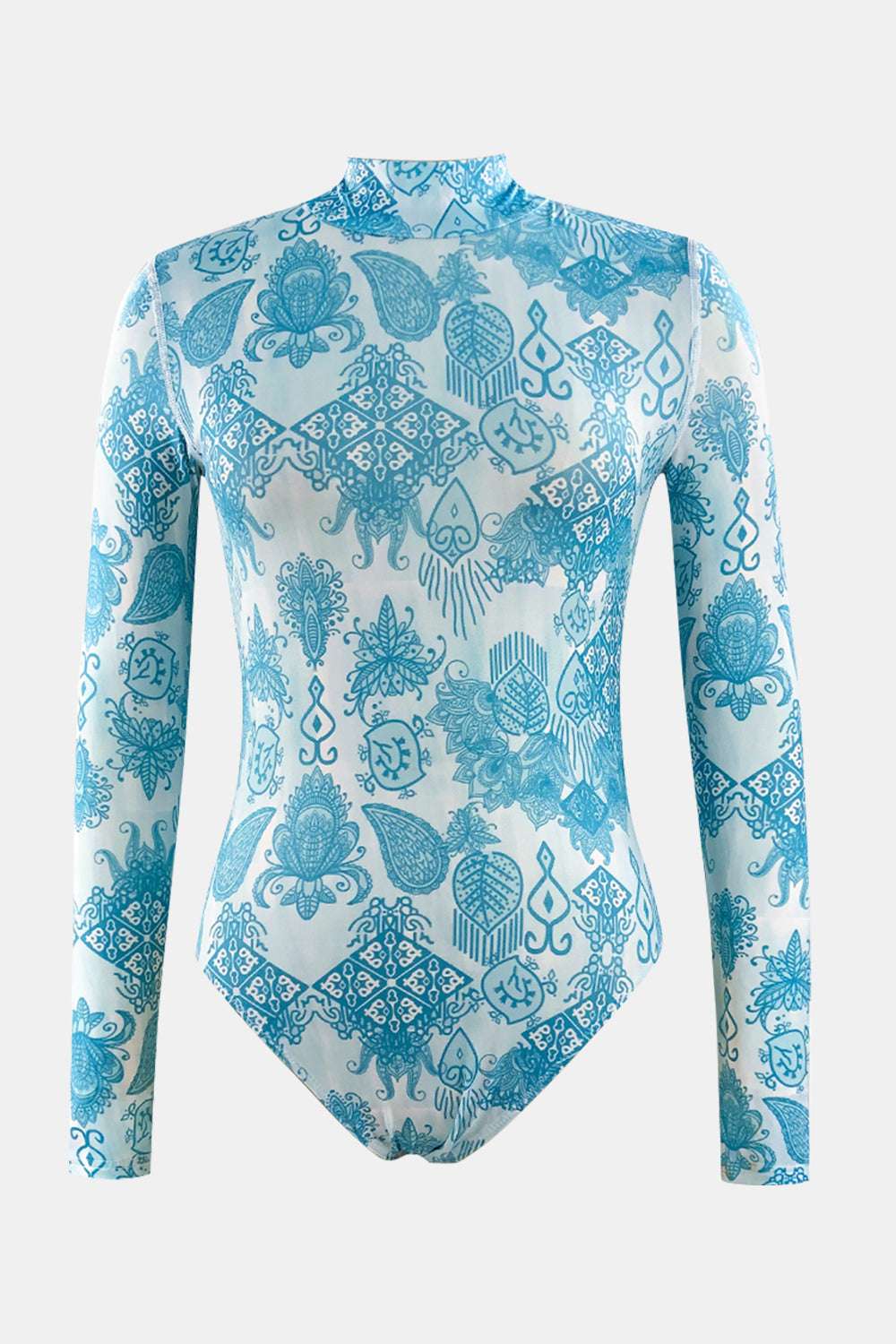 Printed Mock Neck Long Sleeve One Piece Swimwear - Stylish and Trendy Women's Fashion from Chic Yana's Fashion