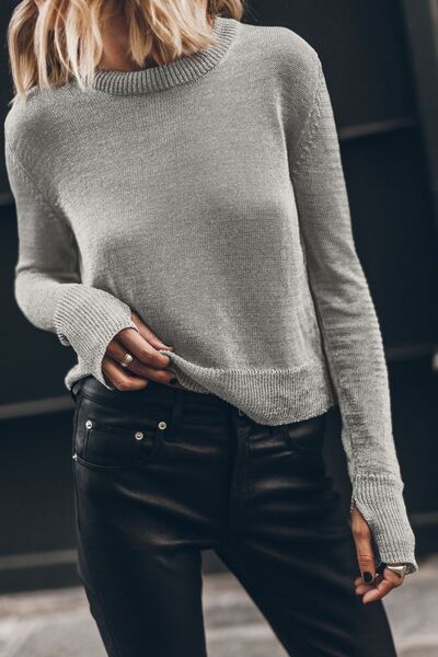 Ribbed Hem Round Neck Long Sleeve Sweater - Chic Yana's Fashion