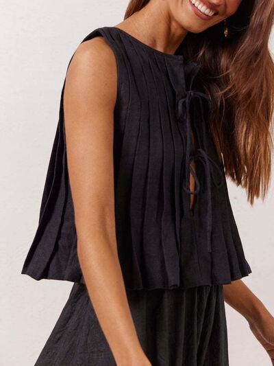 Lovelet Pleated Tied Round Neck Vest - Chic Yana's Fashion