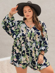 Plus Size Tied Printed Long Sleeve Romper - Chic Yana's Fashion