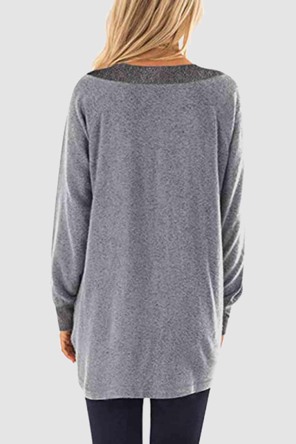 V Neck Long Sleeve Sweatshirt With Pockets - Chic Yana's Fashion