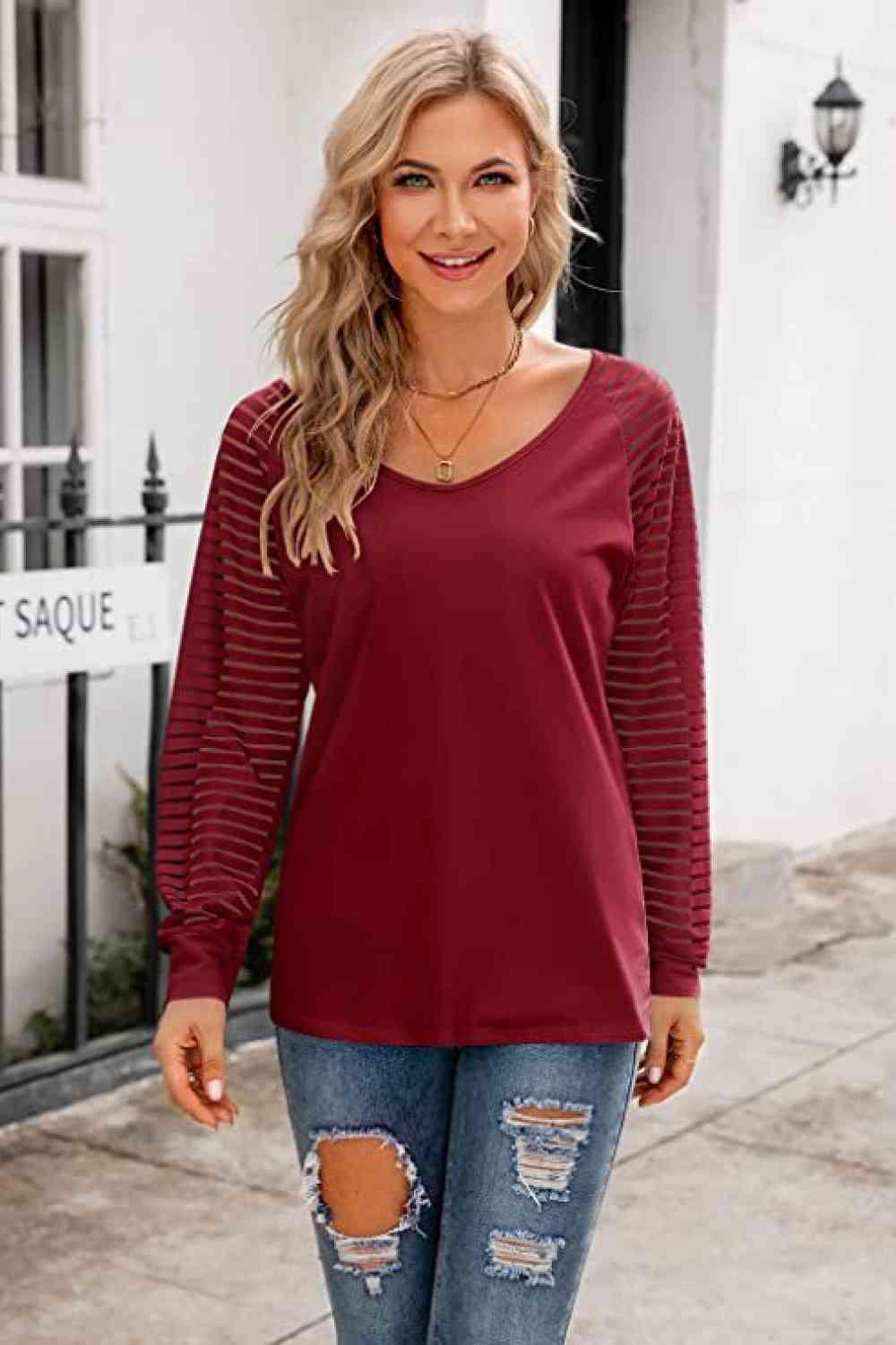 V Neck Long Raglan Sleeve Top - Chic Yana's Fashion