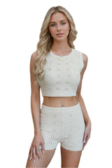 Eyelet Round Neck Tank and shorts Sweater Set - Shop Now at Chic Yana's Fashion