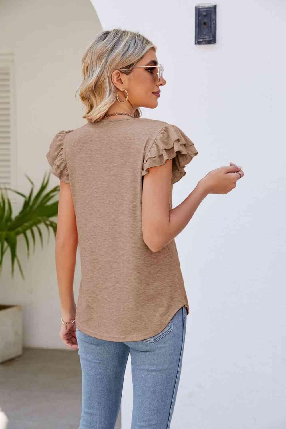 Smocked Flutter Sleeve V Neck Top - Chic Yana's Fashion