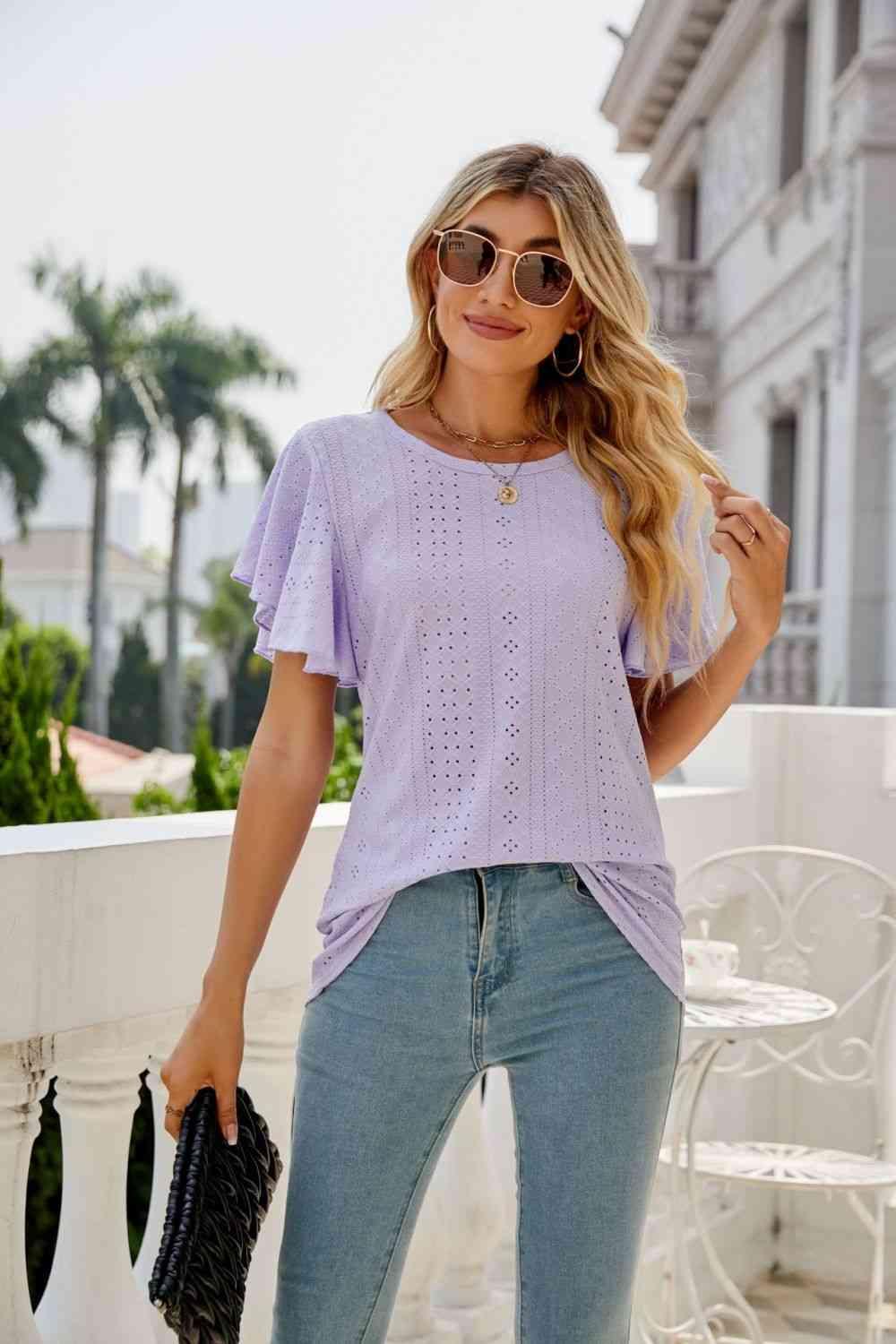 Eyelet Flutter Sleeve Round Neck Top - Chic Yana's Fashion