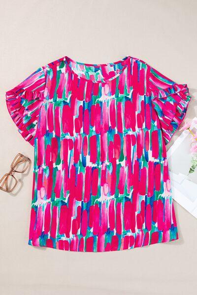 Plus Size Printed Round Neck Petal Sleeve Blouse - Chic Yana's Fashion