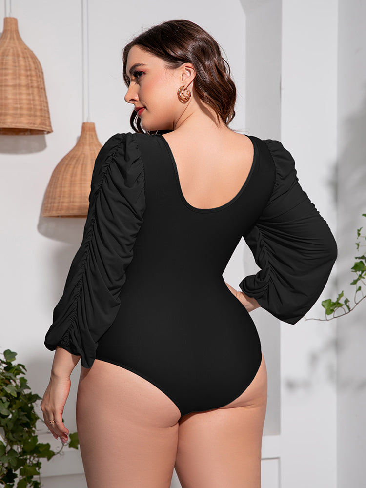 Plus Size Tied Deep V Balloon Sleeve One Piece Swimsuit - Stylish and Trendy Women's Fashion from Chic Yana's Fashion