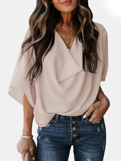 Full Size Cowl Neck Three Quarter Sleeve Blouse - Chic Yana's Fashion