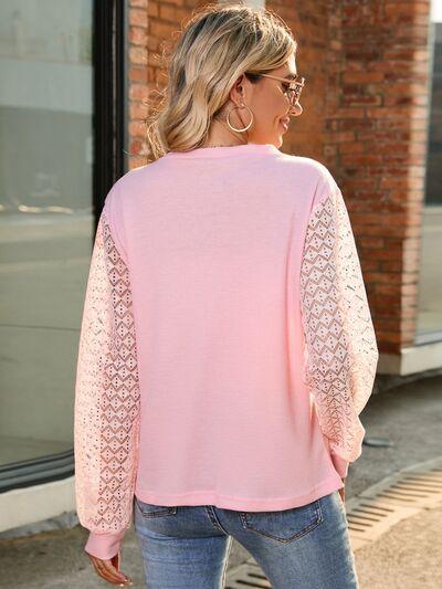 Full Size Round Neck Lace Long Sleeve T Shirt Plus Size - Chic Yana's Fashion