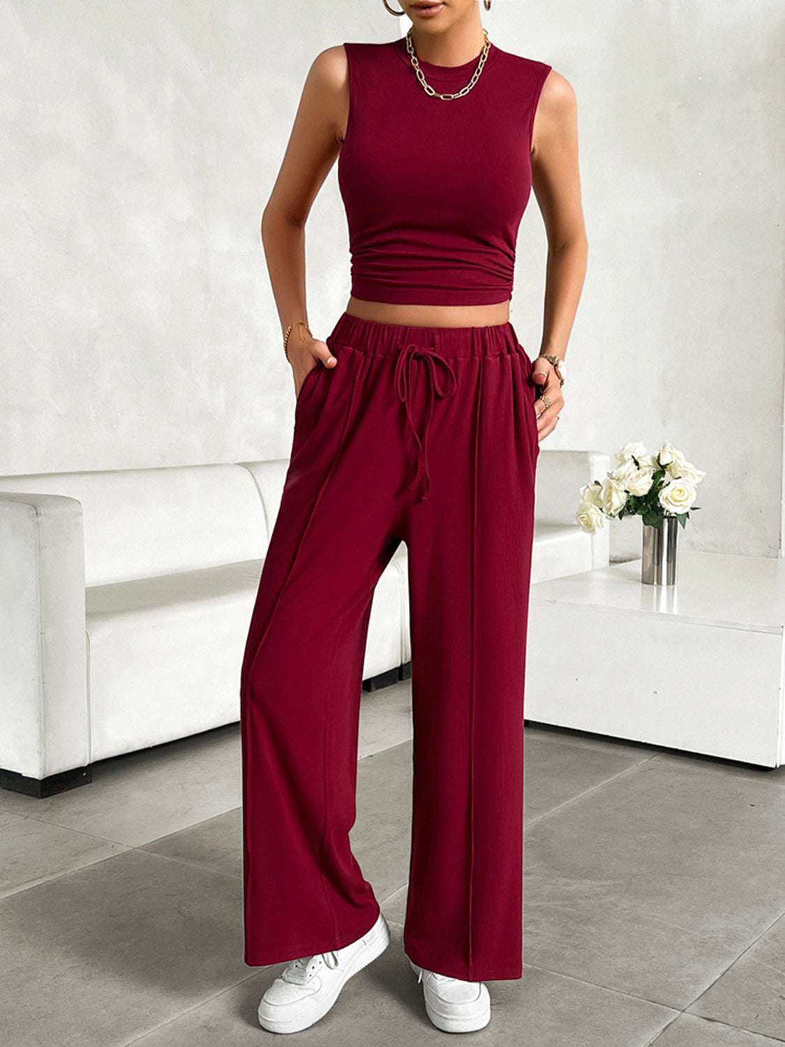 Devine Mock Neck Sleeveless Top and Drawstring Pants Set – Chic Yana’s Fashion