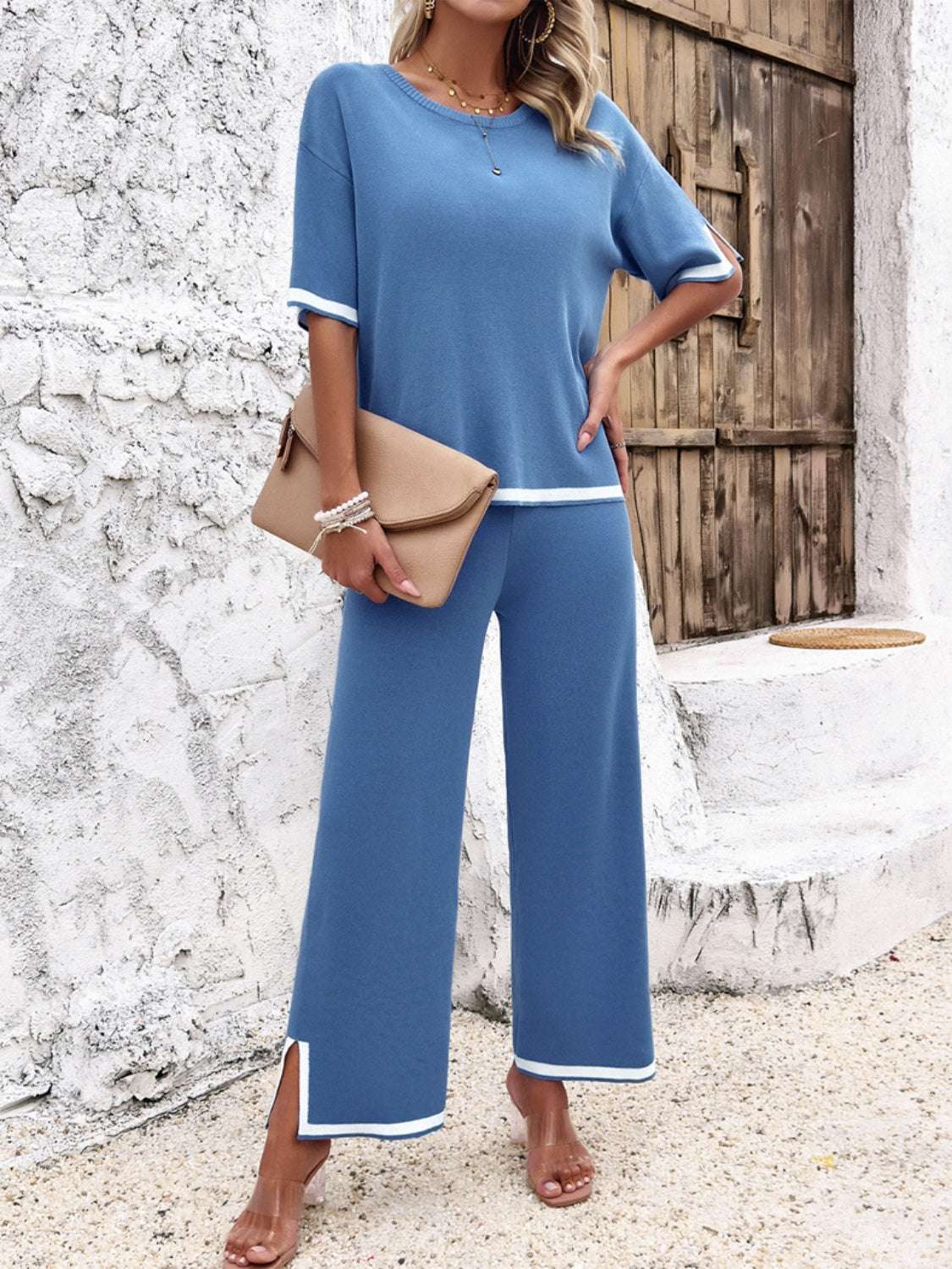 Devine Contrast Trim Round Neck Top and Pants Set – Chic Yana’s Fashion